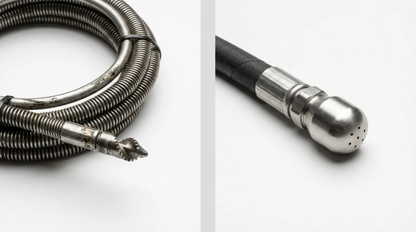 Drain snake cable and hydro jetting nozzle used for drain cleaning in Midway, GA