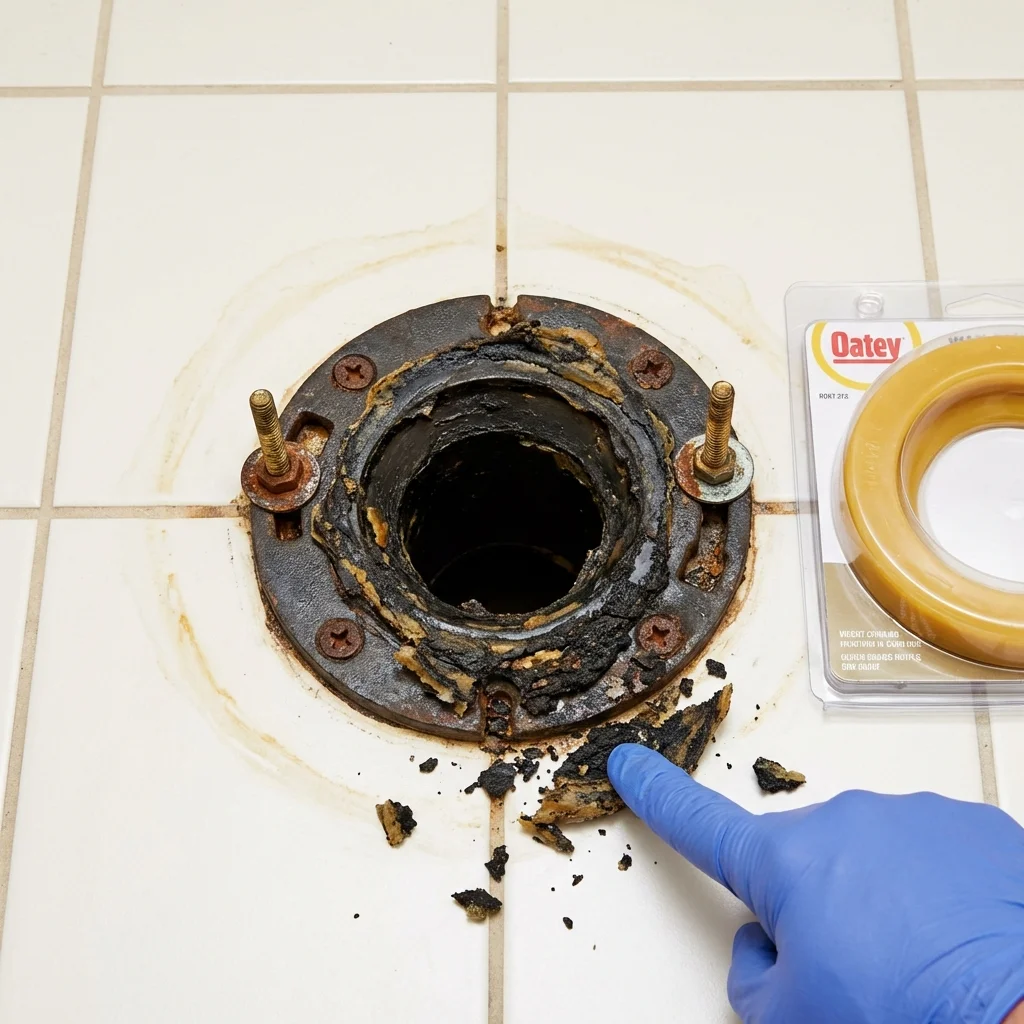 Failed wax ring showing water seepage at the base of a toilet in a Midway, GA home