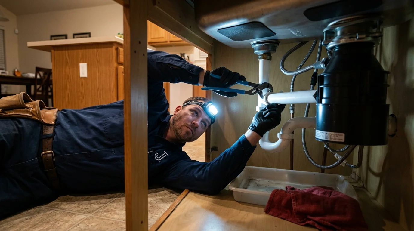 P-trap and supply line connections under a kitchen sink showing a common leak point in Midway, GA